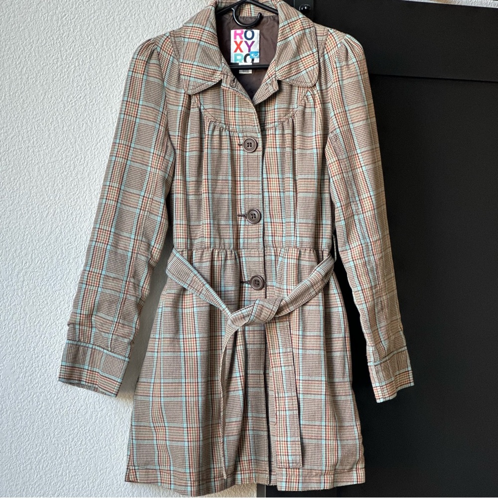 Roxy - Tan Plaid Short Trench Coat with Fabric Tie/Belt - SZ M